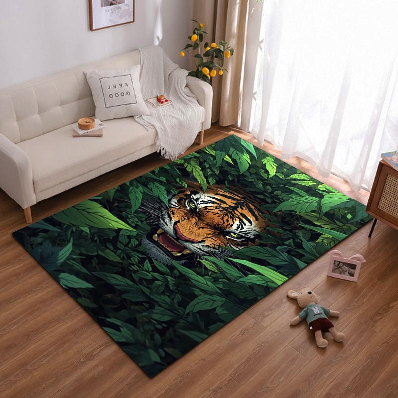 Fierce tiger in jungle foliage design rug Non-slip rug suitable for living room and bedroom sofas sofas