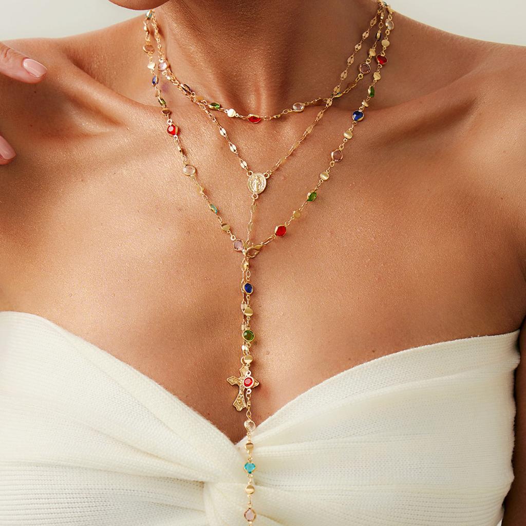 European and American Sense Y-shaped Fringed Necklace Women, Creative Color Double-layer Cross Pendant Collarbone Chain Necklace