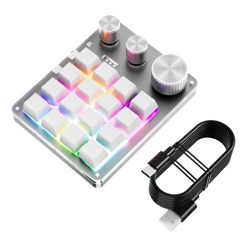 

USB C Macro Programmable Keypad with 16Keys Customizable and 3 Knobs Bluetooth-compatible for Gamers and Office