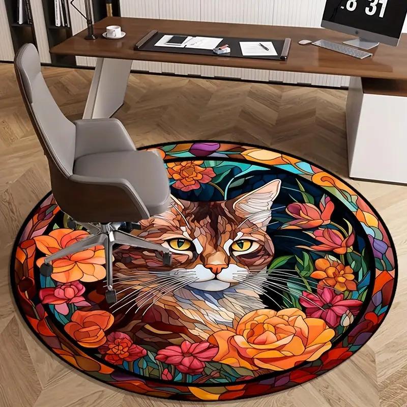Crystal velvet carpet Heavyweight Crystal Velvet-Like Polyester Round Mat - Stained Glass Cat & Floral Print Non-Slip Mat