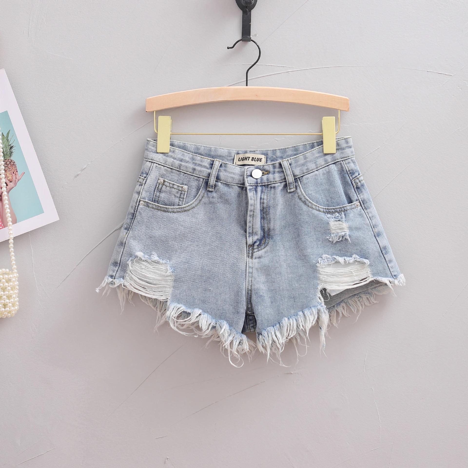 Light Blue High-Waisted Distressed Denim Shorts - Women s Spicy, Loose, Straight Wide-Leg Frayed Hot Pants XL