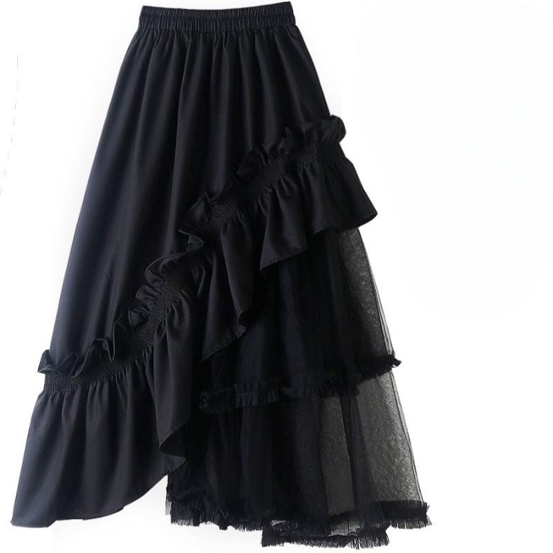 Modieuze rok voor dames met hoge taille, A-lijn, Koreaanse rok, Saia De Moda, patchwork, gaas, onregelmatige ruches, schattige rokken