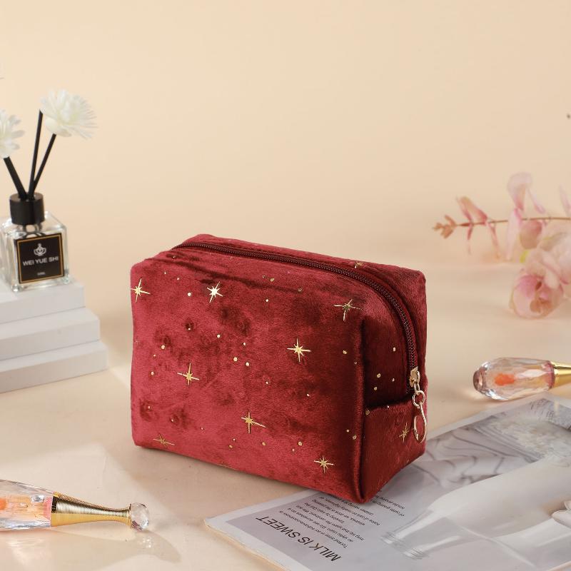 Cosmetic Pouch Spacious Velvet Cosmetic Bag Travel Toiletry Organizer With Star Pattern Portable Makeup Case For Lipstick