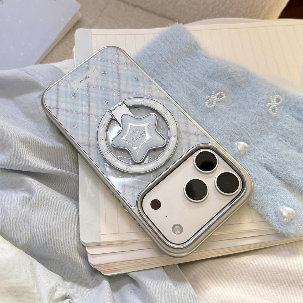 Korean-style blue case for Apple 17pm, 15 magnetic stand, iPhone 16 gold-plated grid pattern stars, 14 electroplated