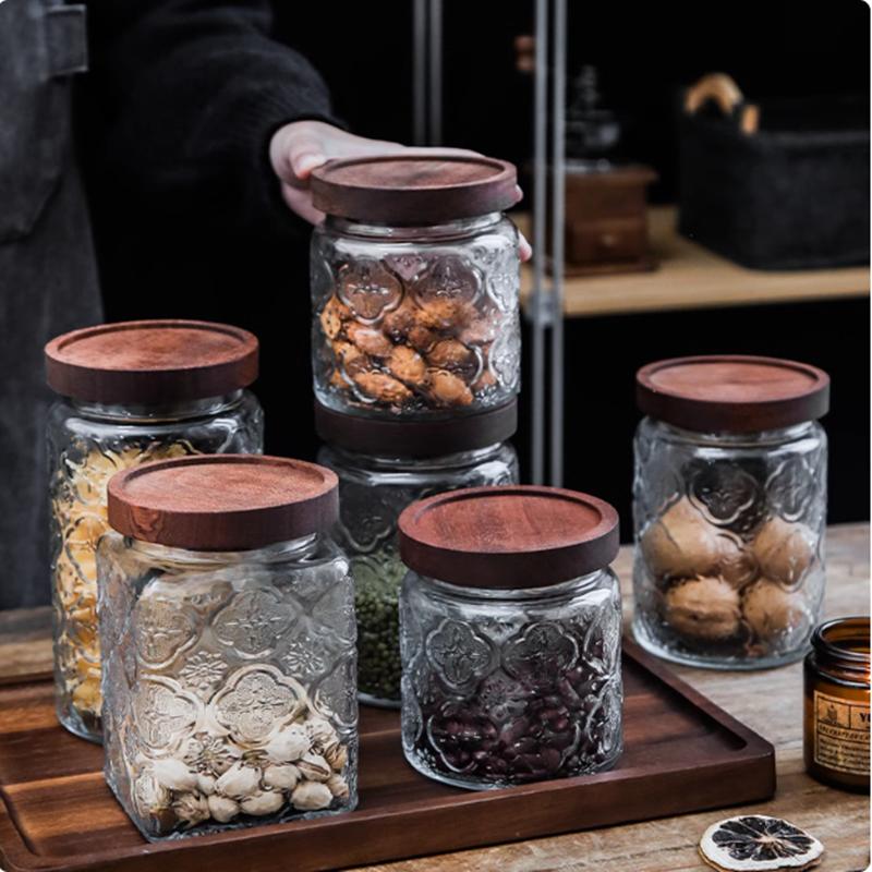 Wooden Covered Relief Glass Container Storage Bottle, Food Storage Container, Coffee Beans, Nuts, Sealed Storage Jar, Candle Jar