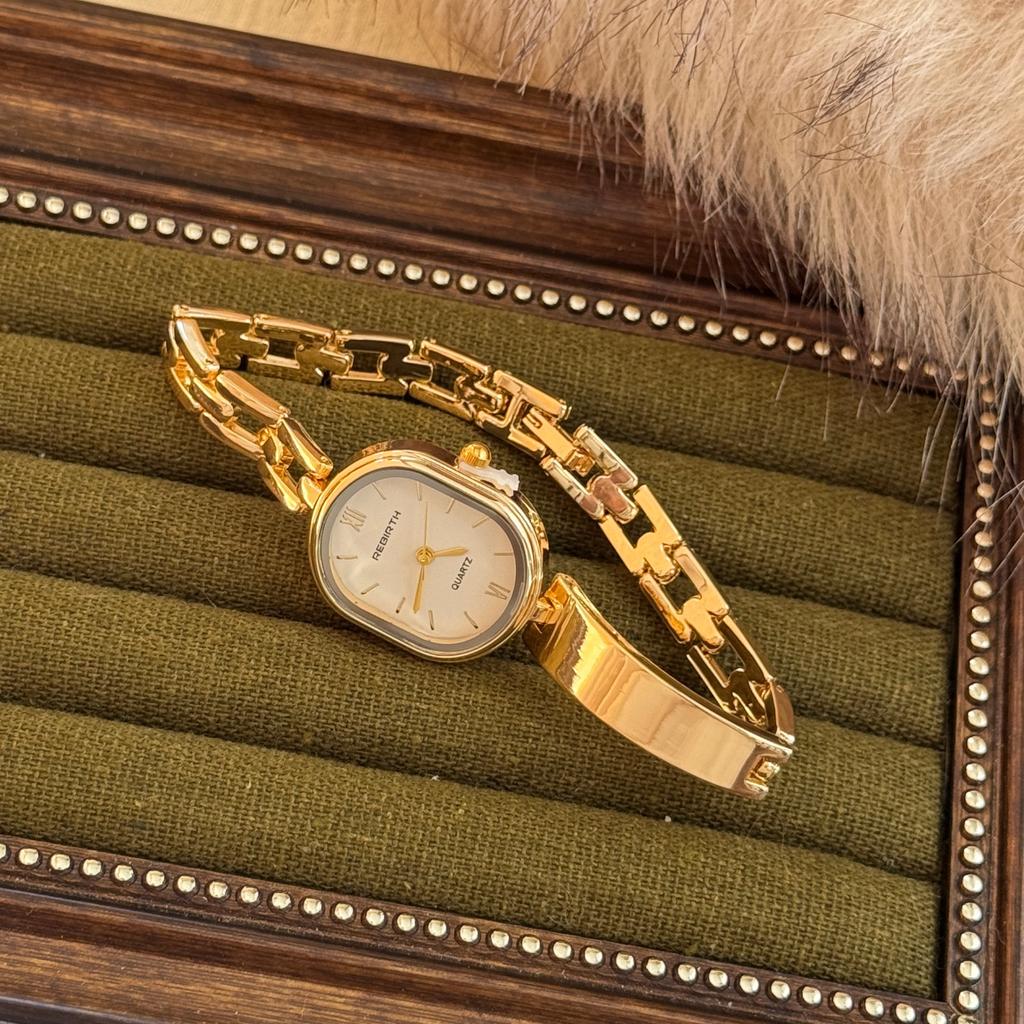 Golden Women Thin Bracelet Watch Simple Oval Dial Analog Ladies Quartz Wristwatches Niche Vintage Watches Woman Dropshipping