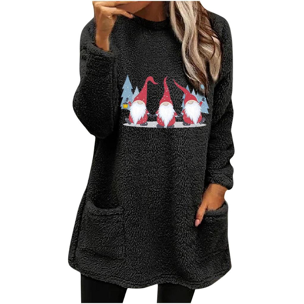 European & American Women's Christmas Gnome Print Plush Hoodie - Round Neck, Loose Fit, Long Sleeve, with Pockets
