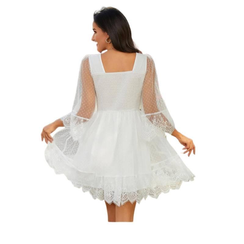 2026 summer lace premium temperament loose lazy splicing deep V-neck pleated dress