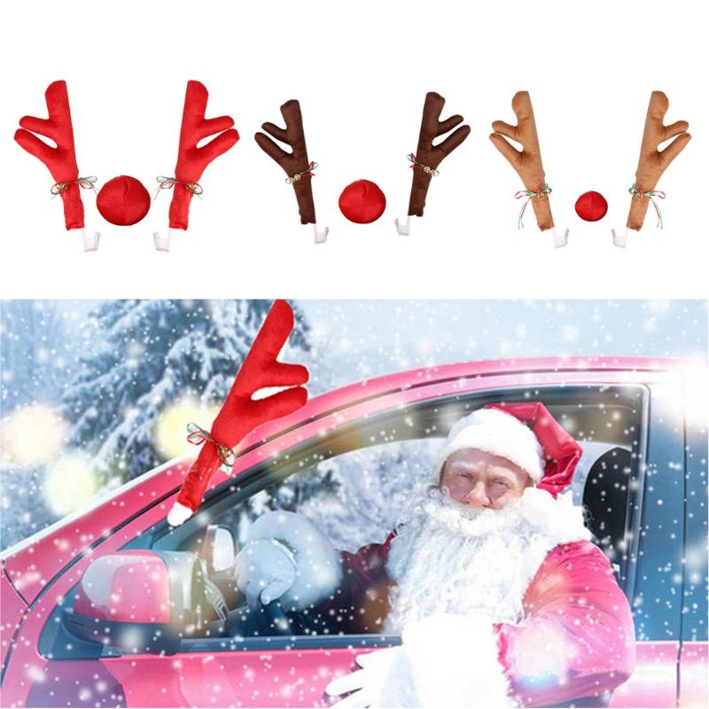 2022 Reindeer Car Kit Christmas Decoration Auto Accessories New Year Supplies Cute Rudolph Nose Elk Antlers Jingle Bell