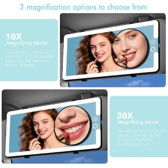 Car Sun Visor Vanity Mirror,Rechargeable Led Dimmable Makeup Mirror,With 10X And 30X Magnification,3 Light Modes