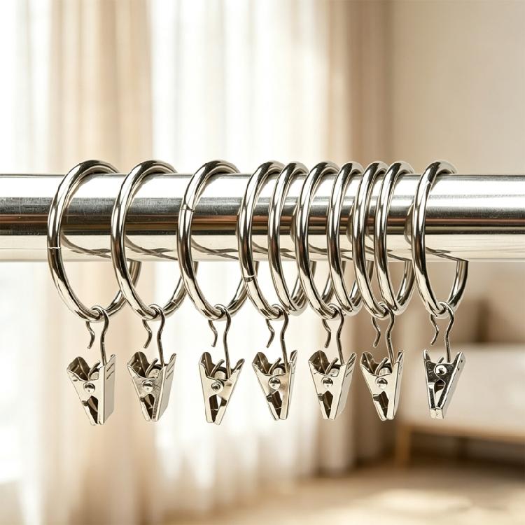 Pack of 10 Multipurpose Metal Curtain Rings with Clips 25 mm Interior Diameter for Curtain Rod, Drapery Hangers Easy Installation for Home Decors