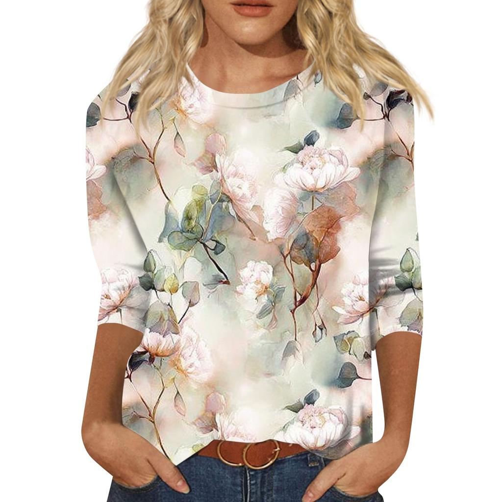 Women's Fashion Casual Round Neck Three Quarter Sleeve Printed T-Shirt Top