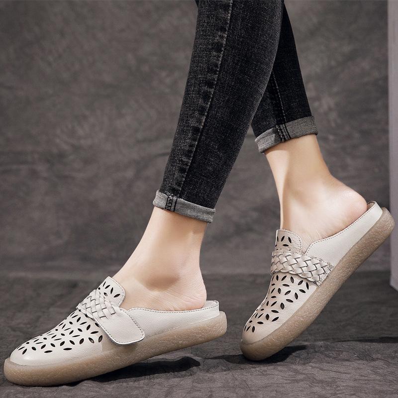 2025 summer new hole sandals first layer cowhide retro style soft sole comfortable middle-aged and elderly mother shoes half slippers