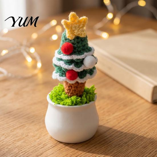 Soft Woolen Potted Plant Figures Hand Crochet Christmas Tree, Creative Knitted Plant, Mini Festive Interior Decorations for Home Cute Desktop