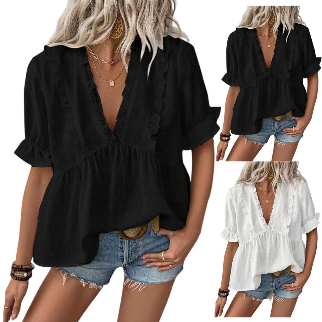 Womens Summer Casual Loose Blouses V-Neck Puff Sleeve Shirt