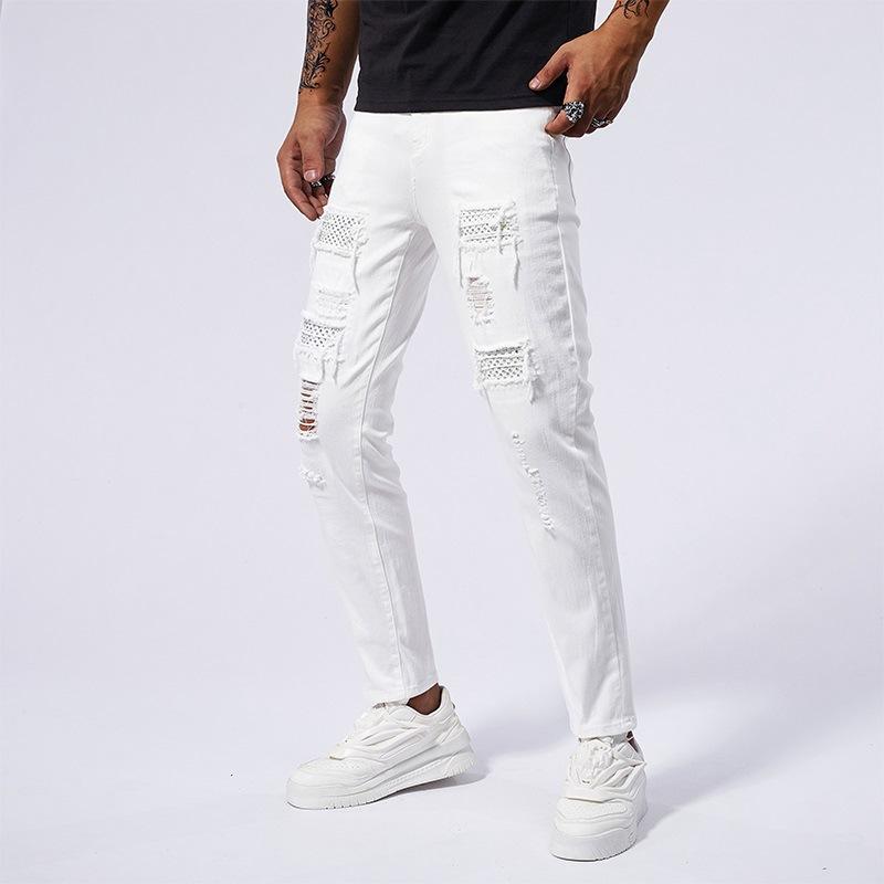 Fable Men's White Elastic Hot Diamond Denim Ripped Patch Slim Fit Pants For Cm
