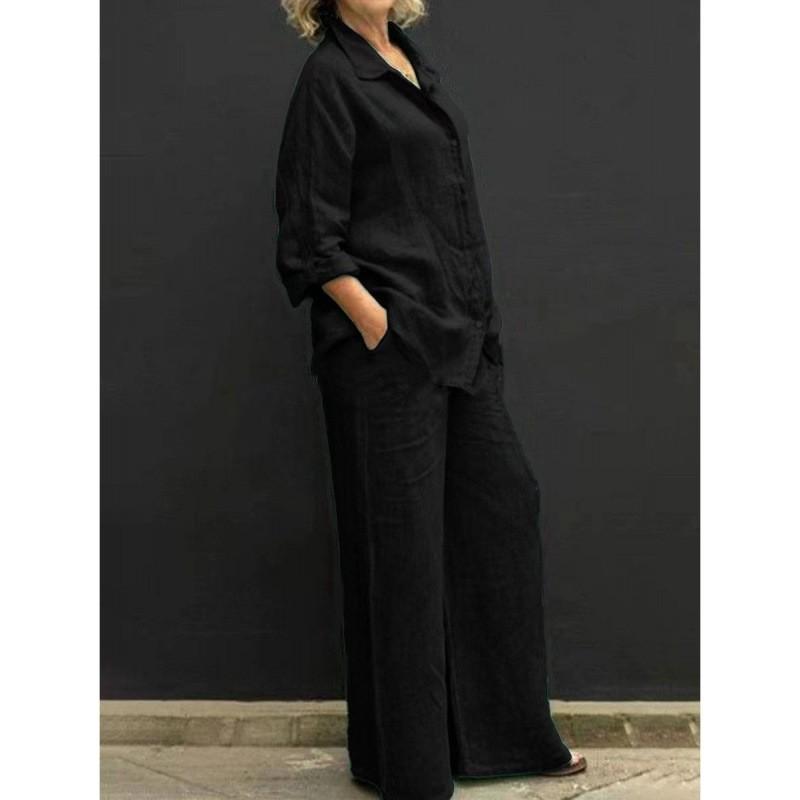 Damen Casual Langarm Knopfleiste Cardigan Hemd und Weite Hosen Set Lockerer Sitz Zweiteiliges Outfit Geeignet für den täglichen Gebrauch