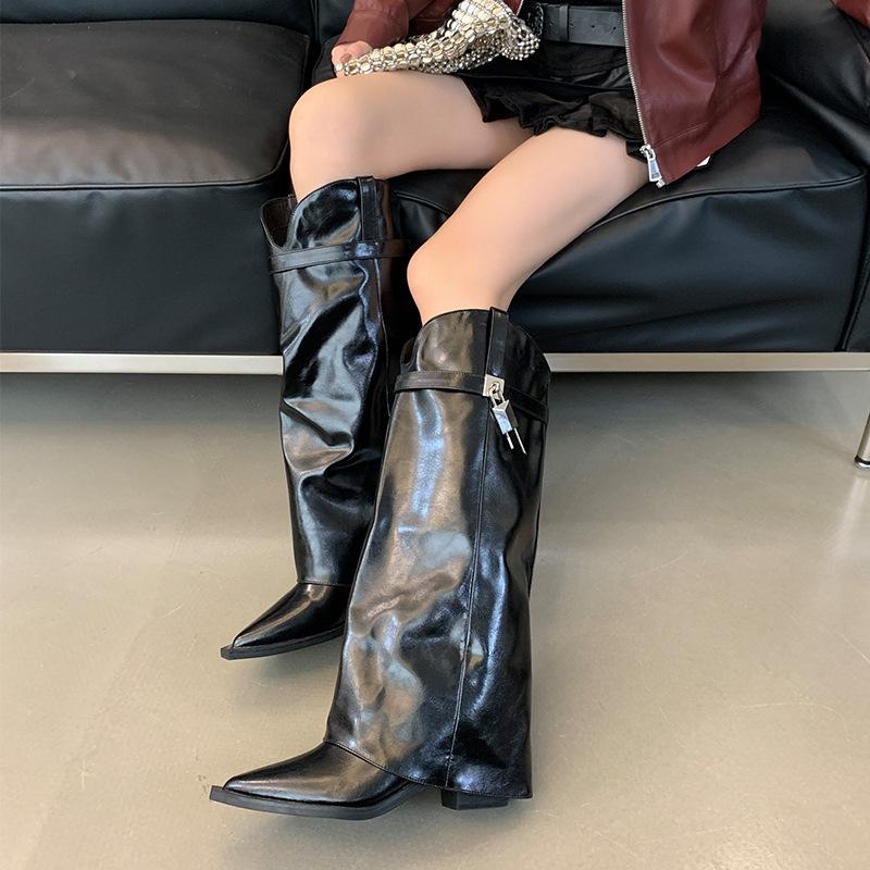 Fashion pointed trouser boots women's 2025 new thick heel high heel big tube circumference knight boots high boots