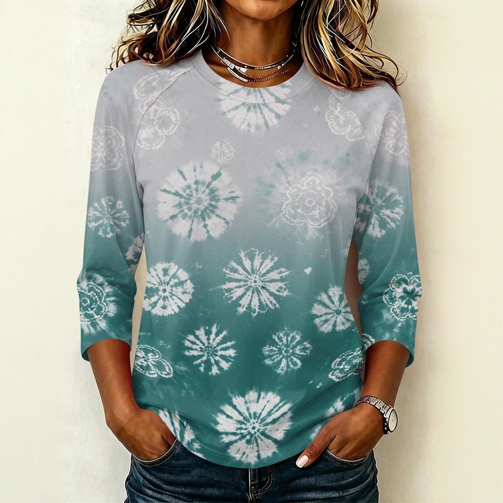 Damen Lässiger Raglanärmel Pullover T-Shirt Rundhalsausschnitt Dreiviertelarm Batik Print Oberteil für den Alltag