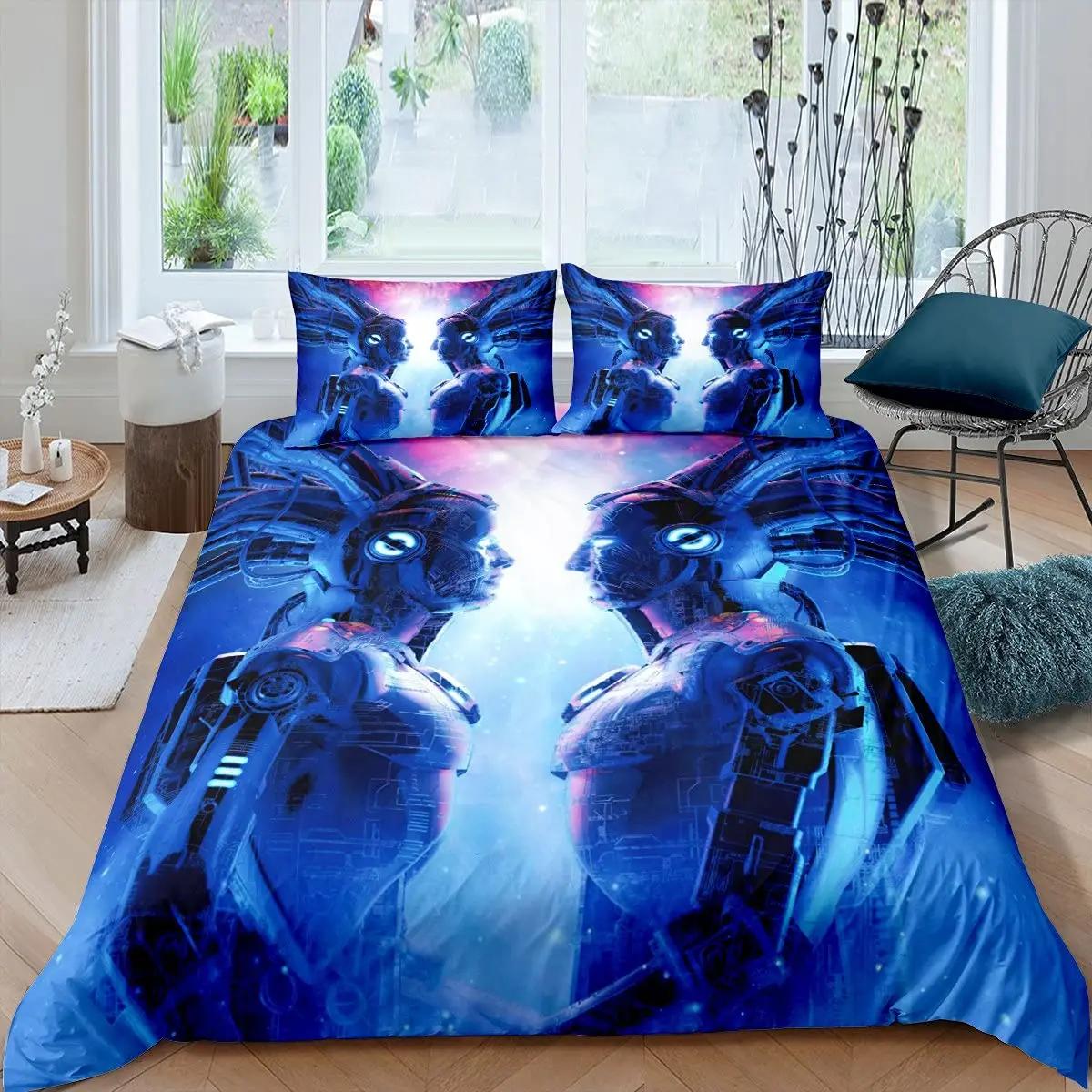 

Robot Soft Duvet Cover Set, 3D Modern Science Fiction Col Robot Beding Sets Ful Sized Dimensions Futuristic Machine Warm Comforter Cover Set 2/3pcs 135*200cm Eu-Single