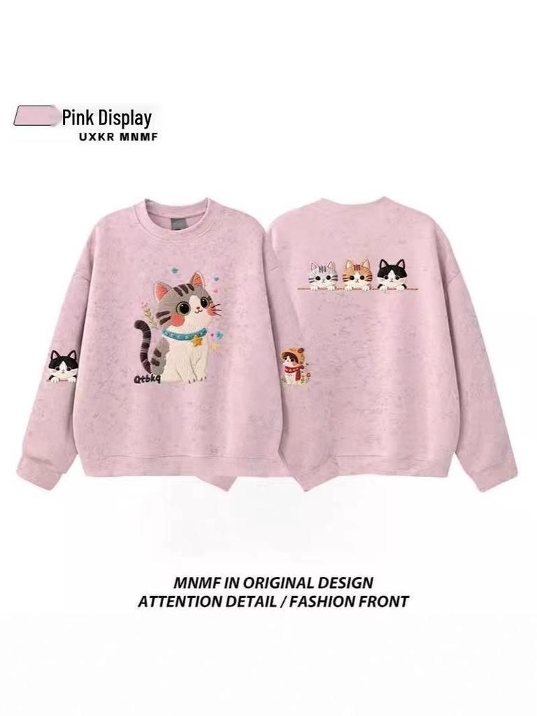 Girls' Tie-Dye Crewneck Sweatshirt with Cartoon Cat - Fleece-Lined for Spring and Autumn 2025, Medium & Large Sizes