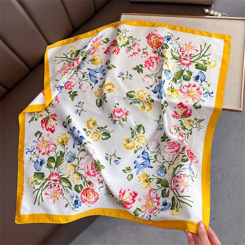 Silk Foulard Luxury 70*70 cm Square Rose Heart Printed Women's Shawl Bandana Small Hair Scarves For Handkerchief Summer