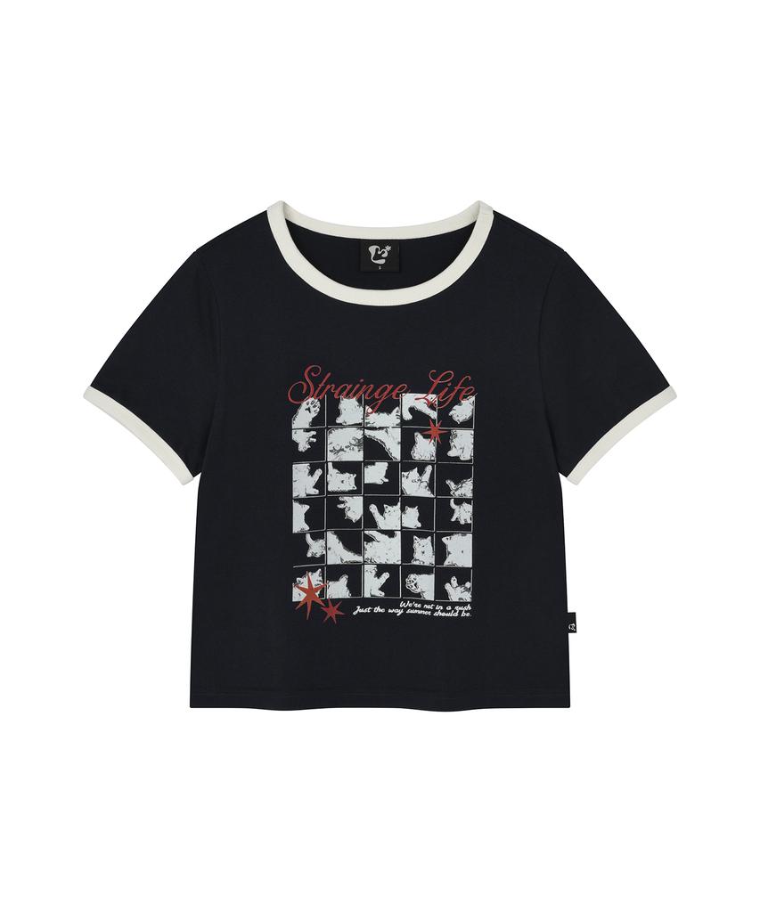 LMR Cat Foster Ringer Crop Short Sleeve T-Shirt Navy