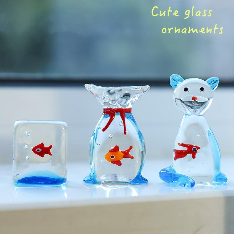 Creative Mini Handcrafted Glass Fish Figurine Cute Transparent Fish Ornaments Desktop Decoration Home Office Decor Figurine New