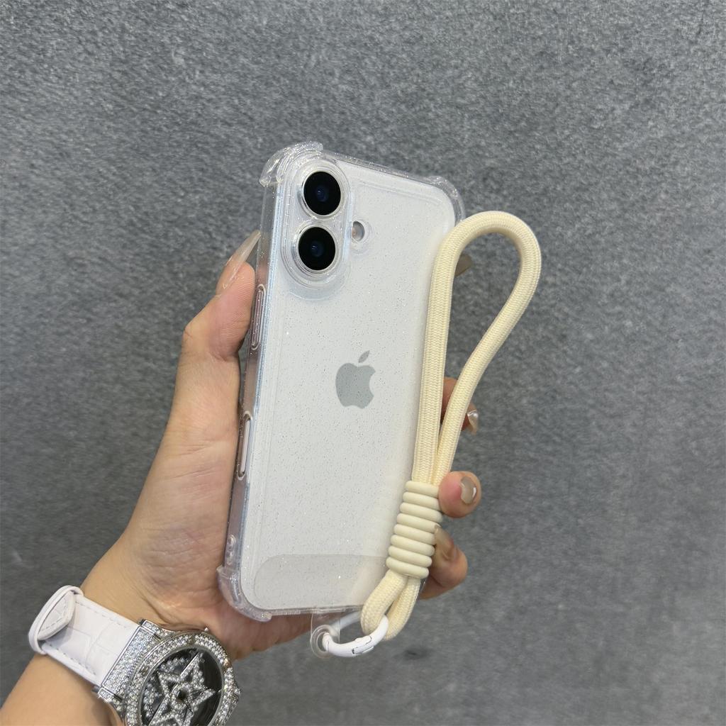 Soft Transparent With Lanyard Phone Case For iPhone 11 12 13 14 15 16 Pro Max Plus 16E Glitter Silicone Shockproof Bumper Cover
