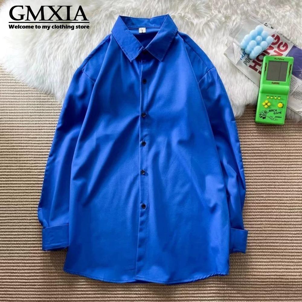 

GMXIA Женская мода Повседневный досуг Однотонный принт Длинный рукав Воротник ПОЛО Блузки и рубашки XXXL ярко-синий