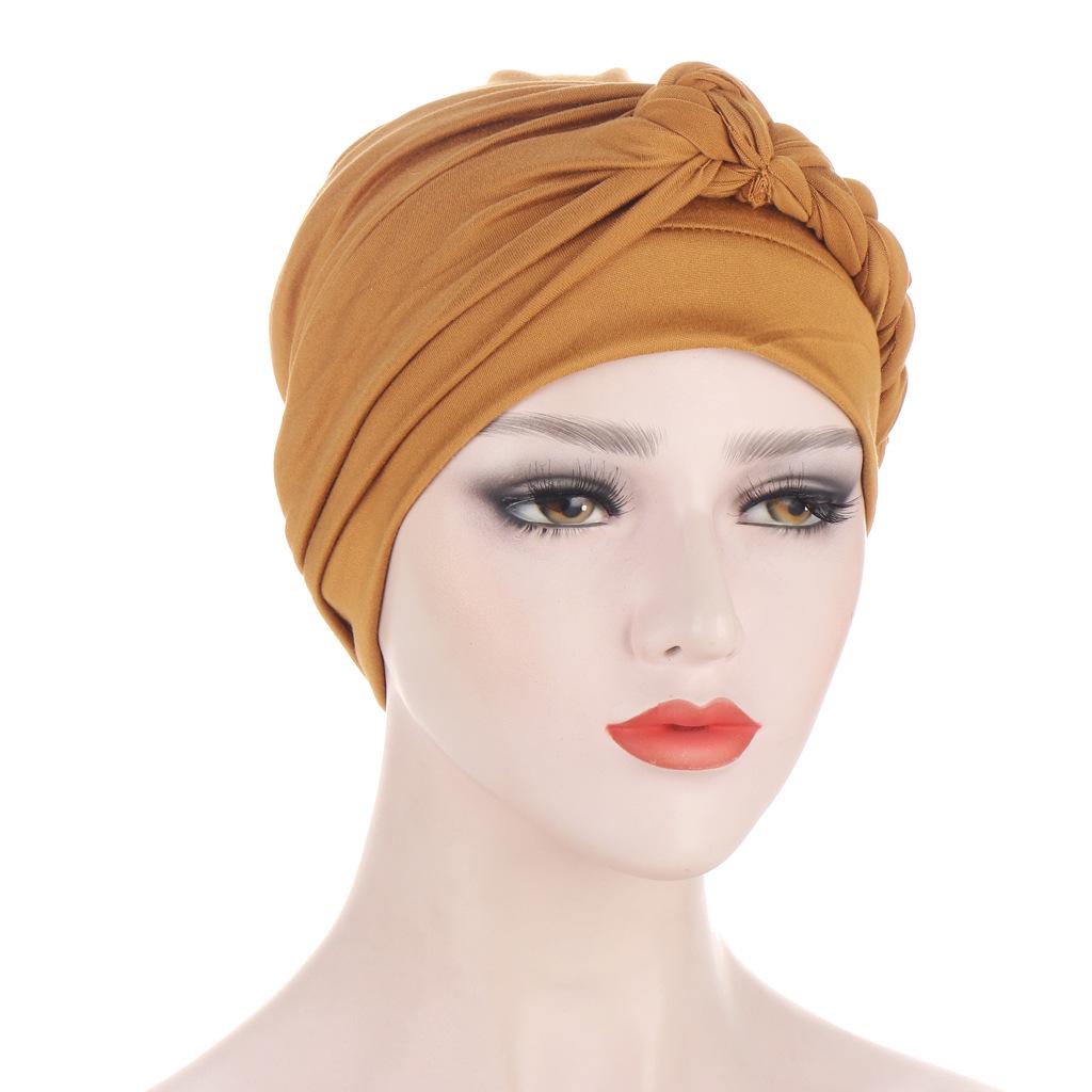Muslim New Style Solid Color Braided Headscarf Hat, Milk Silk Indian Headscarf