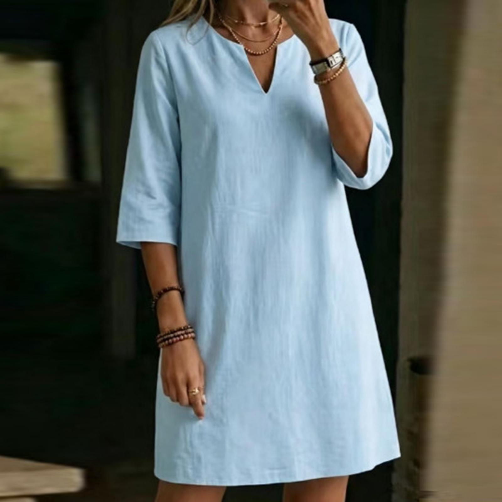

Women V Neck Three Quarter Sleeve Vintage Style Cotton Linen Dress Loose Fit Simple Mid Length Tunic Dress for Daily Wear L