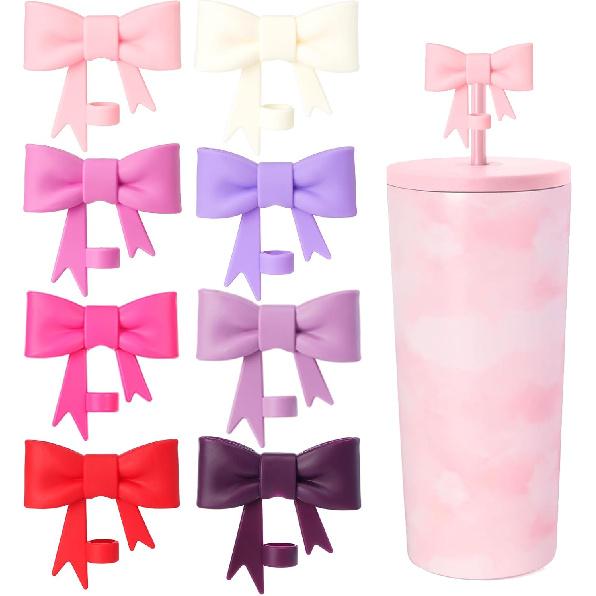6 Pcs 8mm Cute Bow Straw Covers Cap Toppers Lids Compatible with Stanley Tumbler Cups,Reble Cute Silicone StrawTips Protectors for Reble