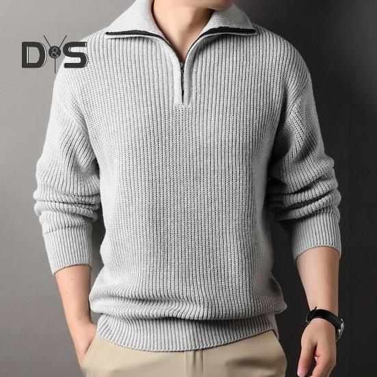 Men Fall Winter Sweater Lapel Loose Half Zipper Long Sleeves Mid Length Solid Color Retro Knitted Sweater