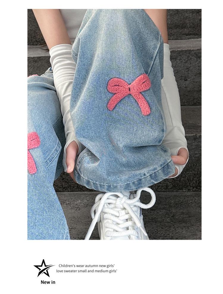 Girls' Chenille Bow Embroidered Fleece-lined Wide-leg Jeans - Stylish Autumn/Winter Slimming Pants