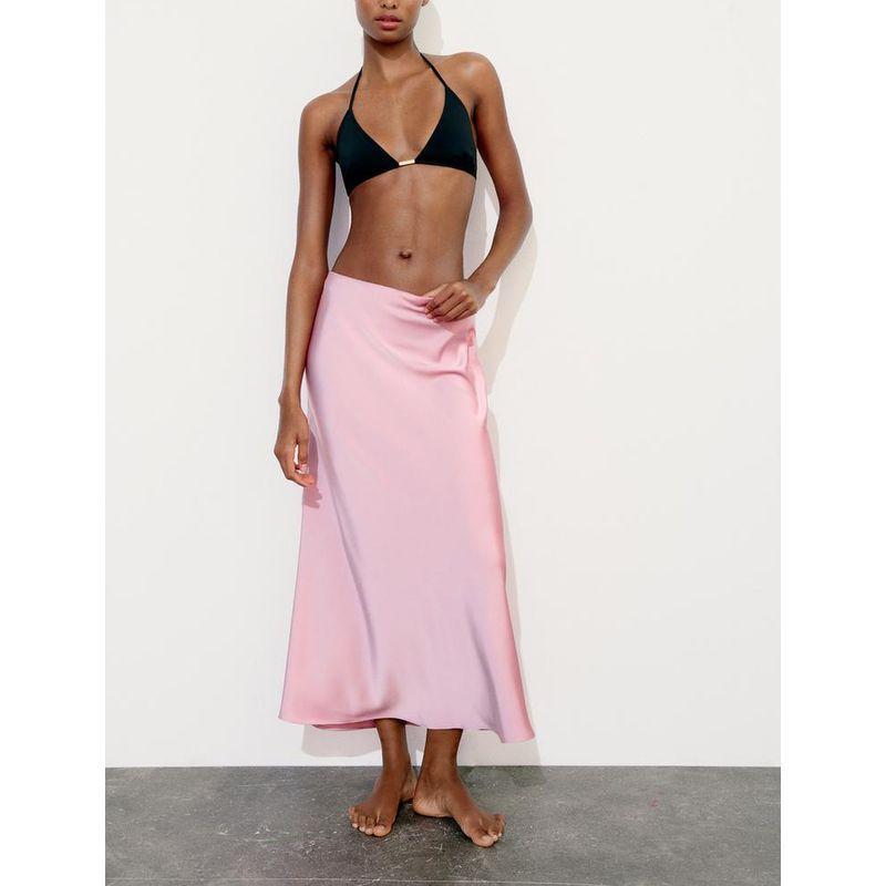 Summer Silm Mid Length Long Length Silk Satin Texture Straight Skirt