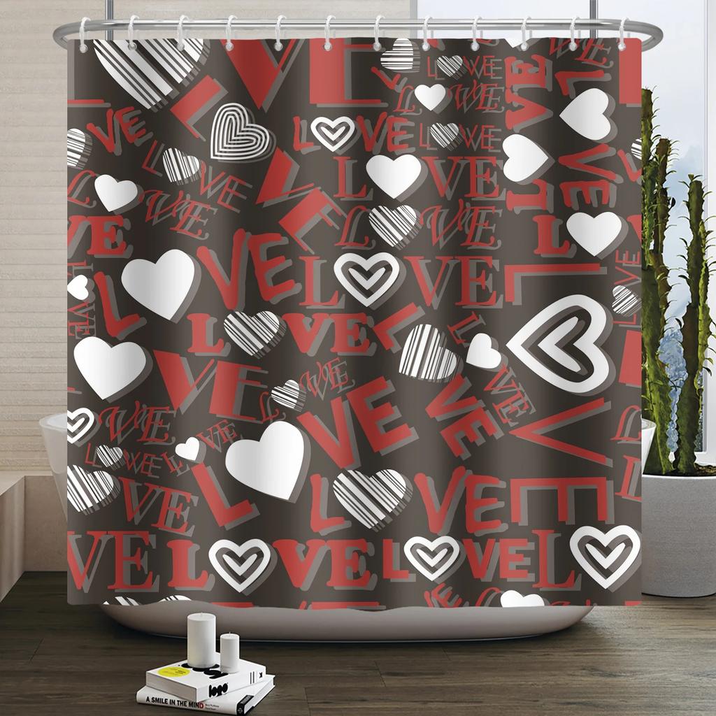 Happy Valentines Day Heart Shower Curtain Red Pink Romantic Falling Love Heart Sweet Lovers Waterproof Bathroom Curtain Decor