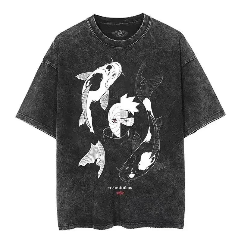 Baumwolle Herren Vintage Japan Anime Print Oversize T-Shirt Streetwear Harajuku Sommer Schwarz Kurzarmhemd Locker Baumwolle Oberteile T-Shirts