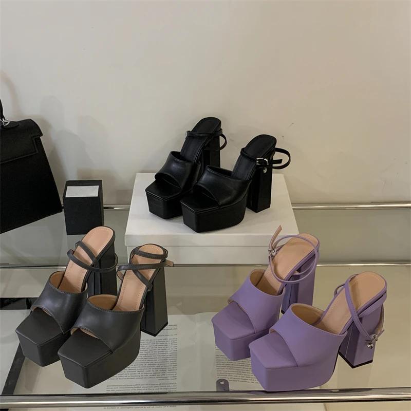 Fashion Eilyken Fashion Summer Chunky Platform Buckle Strap Sandals Women Square Toe Nightclub Party High Heels Shoes
