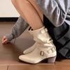 White Chunky Heel Martin Boots - Women's Mid-Calf, Pointed Toe, Soft Leather, Autumn/Winter European & American Style Ankle Boots
