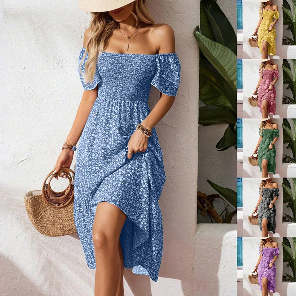 Women's Loose Casual Square Neck Puff Sleeve Floral Dress Long Skirt