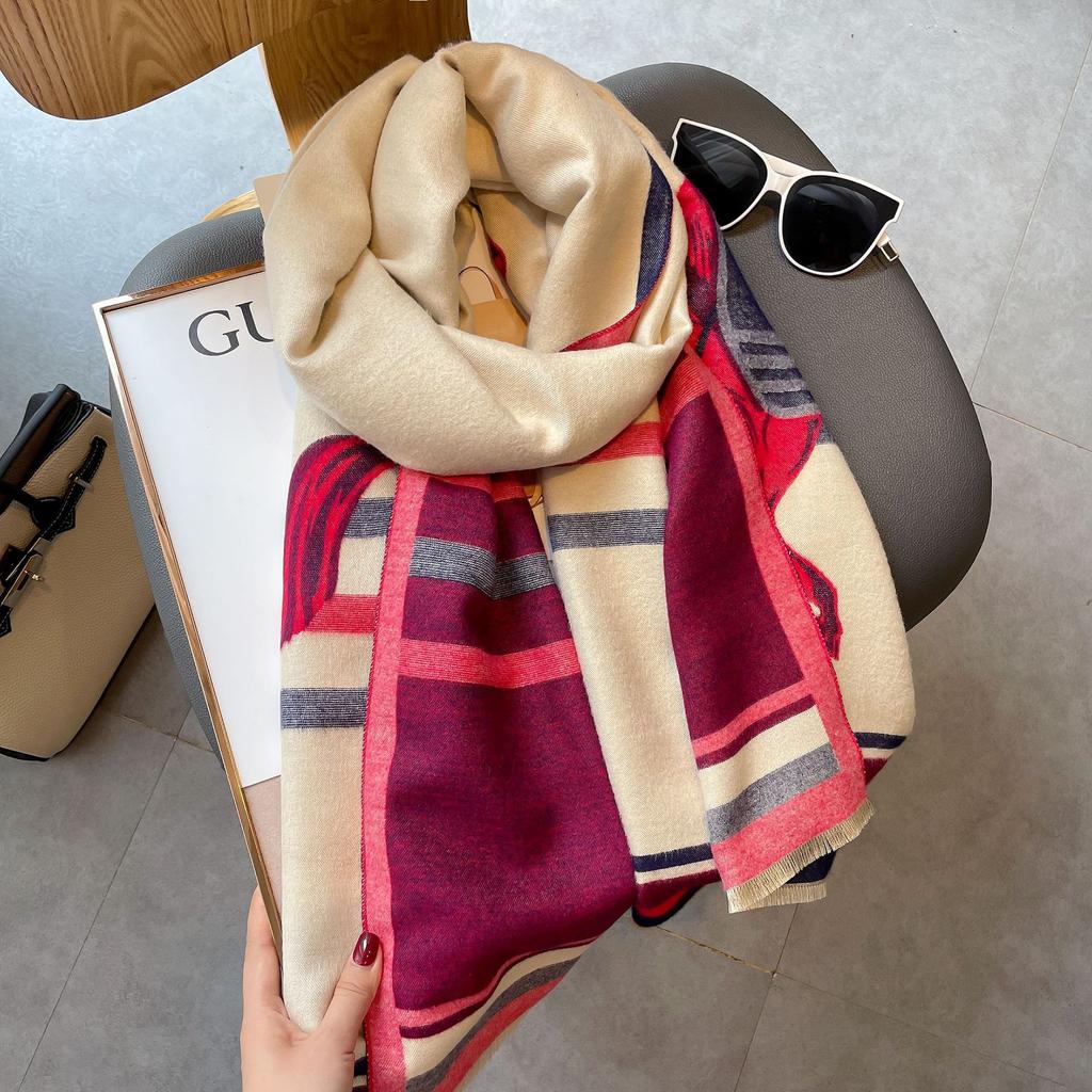 Vintage Horse Print Imitation Cashmere Short Beard Fringed Jacquard Air Conditioner Shawl Thickened Warm Decorative Scarf Scarf Women