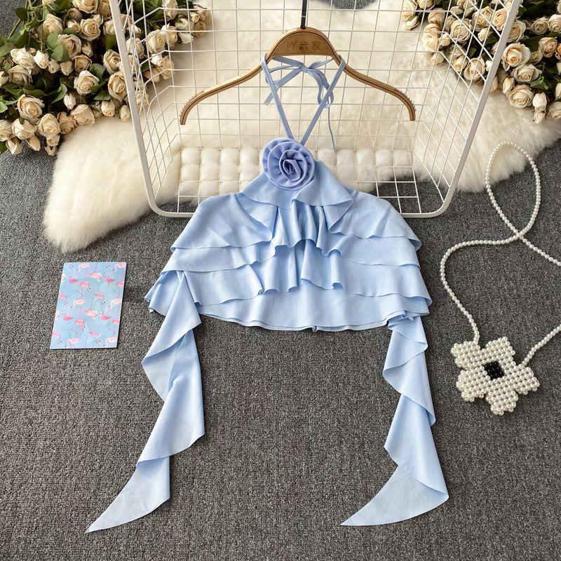 

Women s Three-Dimensional Sling Summer Fashion Sleeveless Tops Flowers Blue All yards