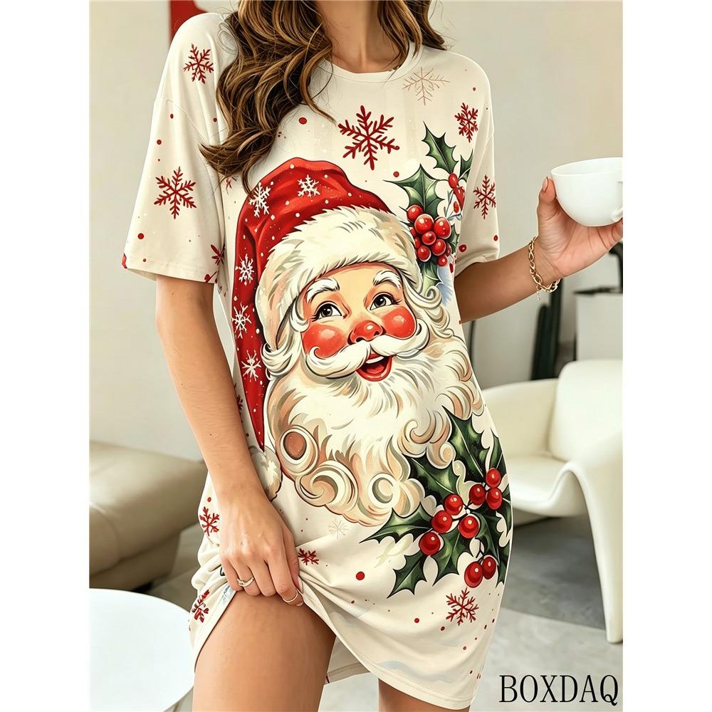 Damen Sommer Freizeit Weihnachtsikleider Mit Rundhalsausschnitt Kurzärmelig Santa Claus Muster Gedruckt Locker Haus Damenkleid