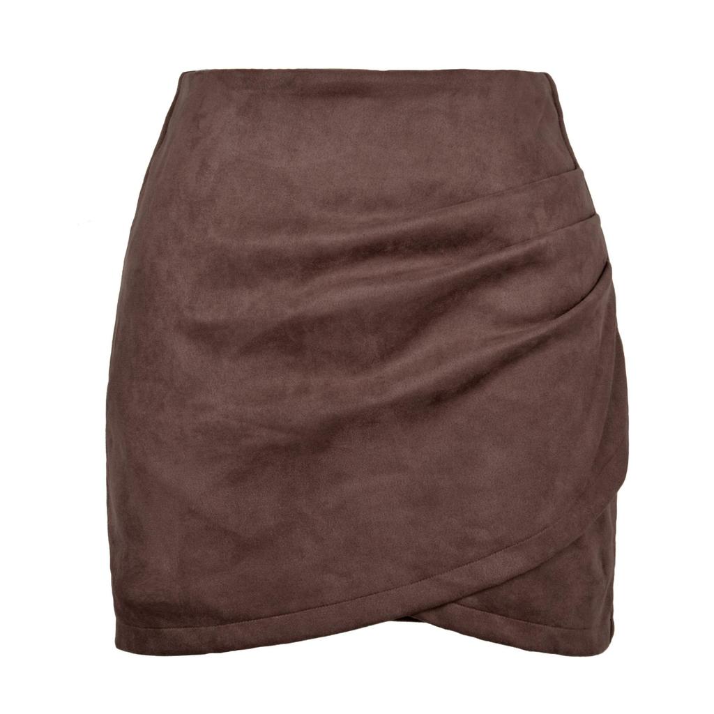 Suede Solid Color Buttocks Wrapped Skirt Pleated Irregular Zippered Short Skirt for Women's Clothing