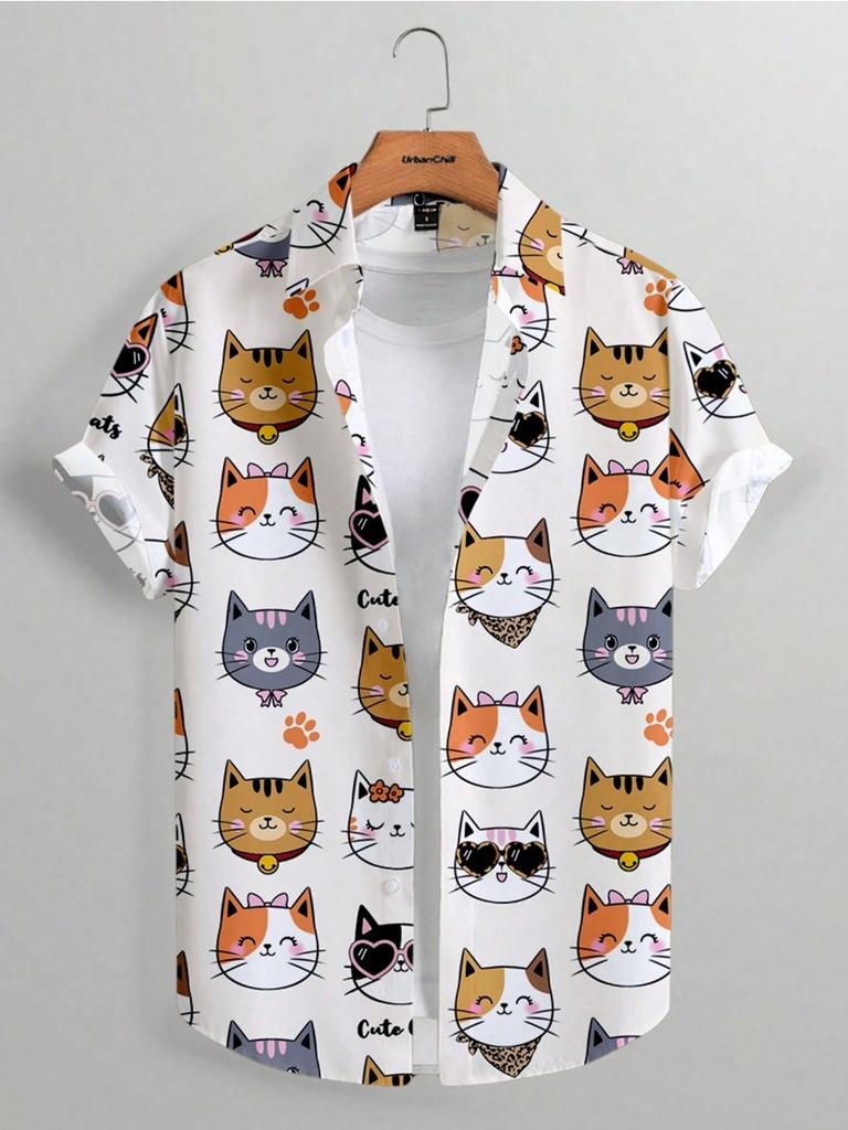 Men's Cute Cat Print Casual Daily Wear 3d Printing Short Sleeve Shirt Fashion Hawaiian Shirts For Men Harajuku