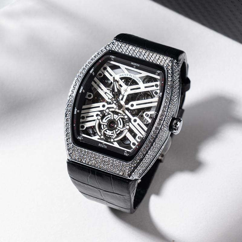 Reloj de Barril con Diamantes Completos Reloj Mecánico Totalmente Automático Reloj para Hombre Incrustado con Diamantes Luminoso Reloj Frank