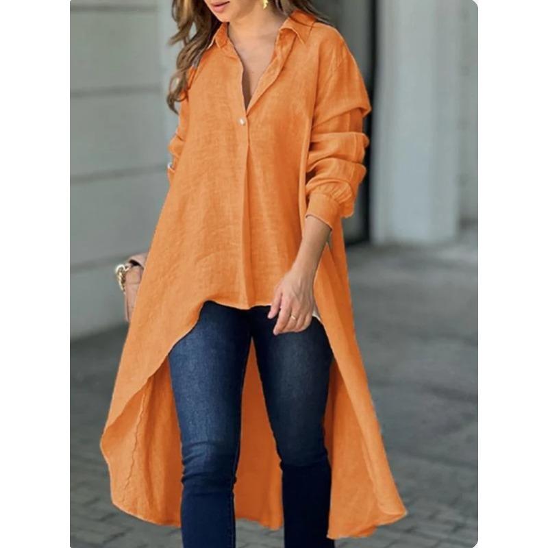 Camisa Casual de Color Sólido para Mujer, Manga Larga, Holgada, Cuello Solapa