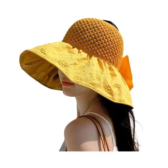 Sun Hat with Bow Design Foldable Breathable Hollow Woven Large Brim Jacquard Fabric UV Protection Face Slimming Summer Travel Hat