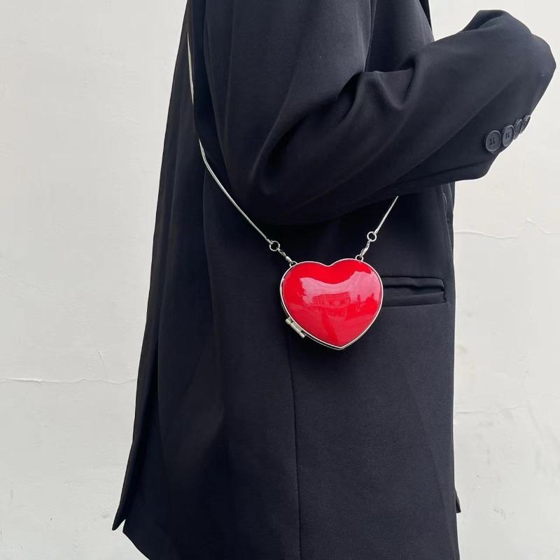 Women'S Heart-Shaped Chain Bag, Korean Style, Trendy Diamond Pattern, Shoulder Crossbody Bag with a Metallic Feel, Lightweight Small Square Bag